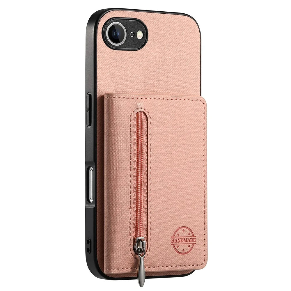 Phone Case For iPhone 17e  /  16e Zipper Card Holder Kickstand Jeans Cloth Texture Leather Back Cover - Pink - 3