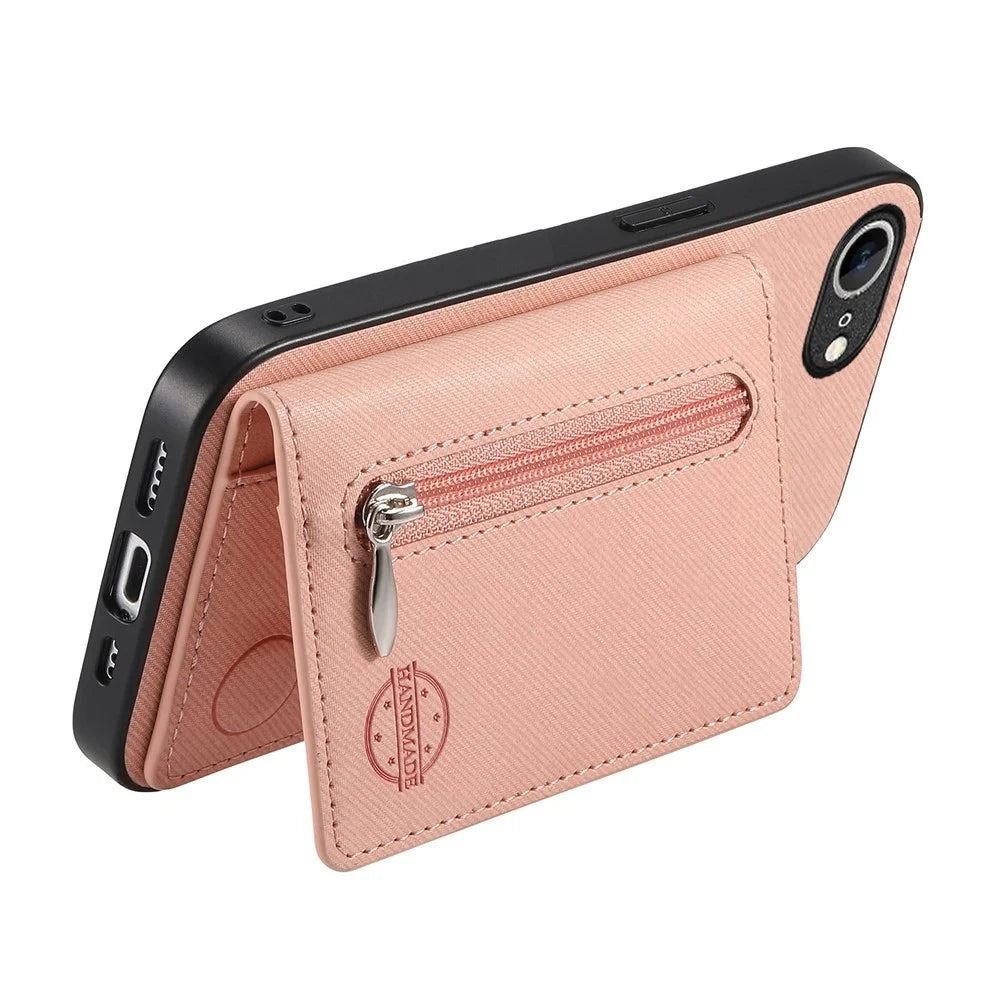 Phone Case For iPhone 17e  /  16e Zipper Card Holder Kickstand Jeans Cloth Texture Leather Back Cover - Pink - 4