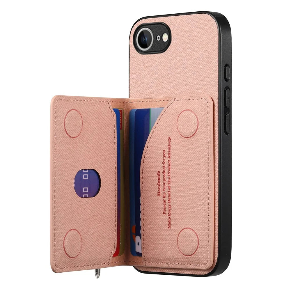 Phone Case For iPhone 17e  /  16e Zipper Card Holder Kickstand Jeans Cloth Texture Leather Back Cover - Pink - 5
