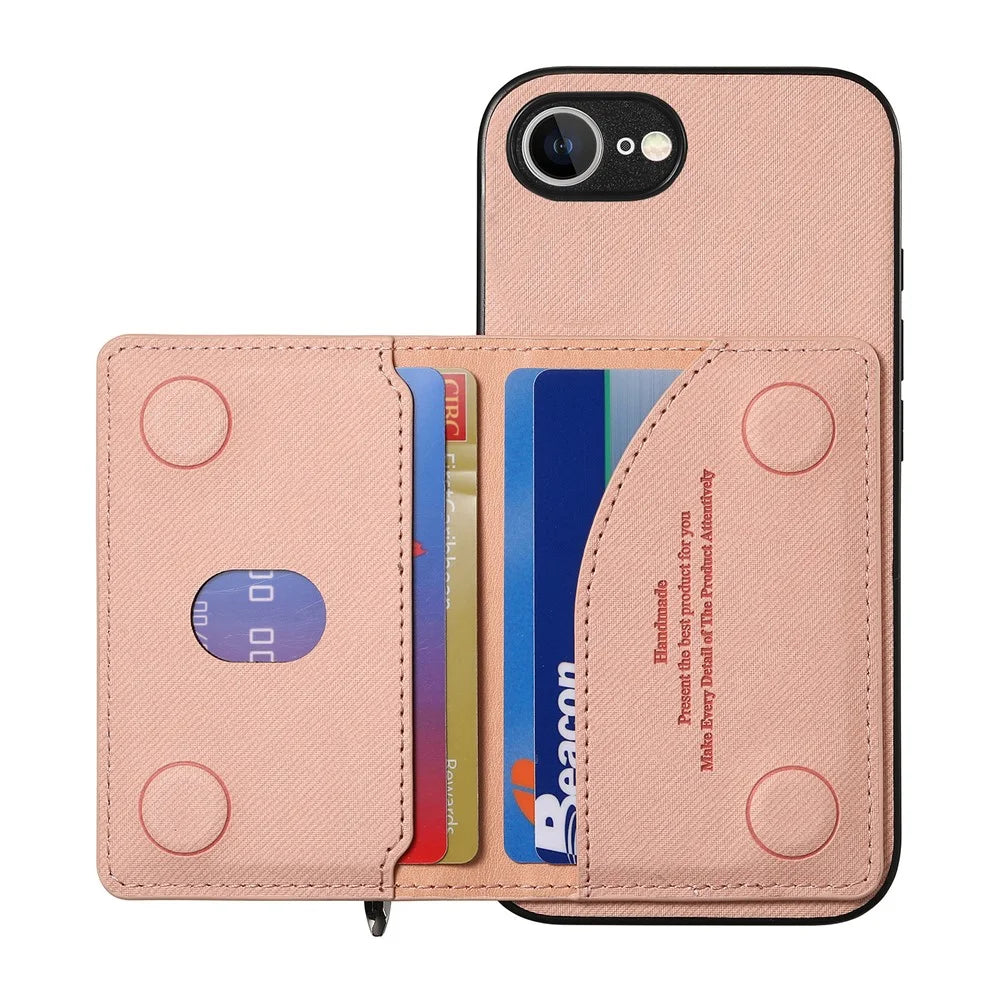 Phone Case For iPhone 17e  /  16e Zipper Card Holder Kickstand Jeans Cloth Texture Leather Back Cover - Pink - 6