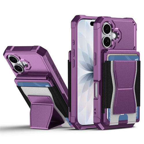 For iPhone 16 Case Elastic Band Card Holder Leather + TPU Kickstand Phone Cover - Purple - 1