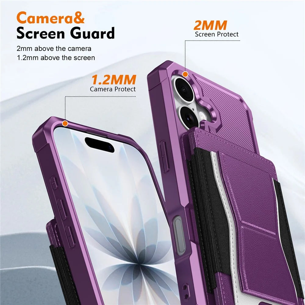 For iPhone 16 Case Elastic Band Card Holder Leather + TPU Kickstand Phone Cover - Purple - 4
