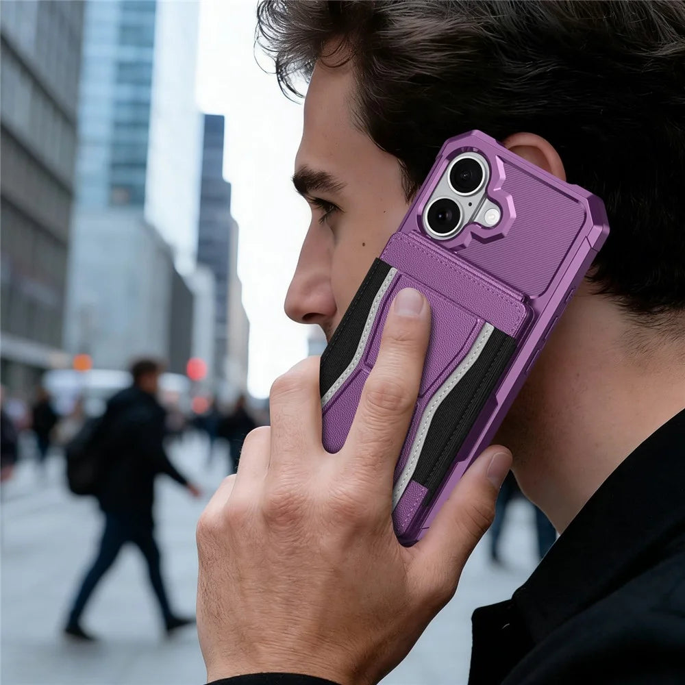 For iPhone 16 Case Elastic Band Card Holder Leather + TPU Kickstand Phone Cover - Purple - 7