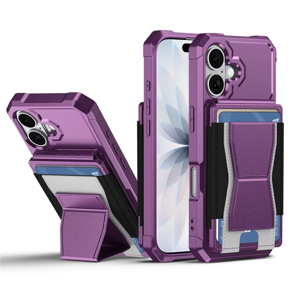 For iPhone 17 Case Elastic Band Card Holder Leather + TPU Kickstand Phone Cover - Purple - 1