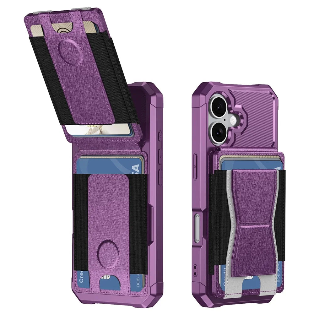 For iPhone 17 Case Elastic Band Card Holder Leather + TPU Kickstand Phone Cover - Purple - 2