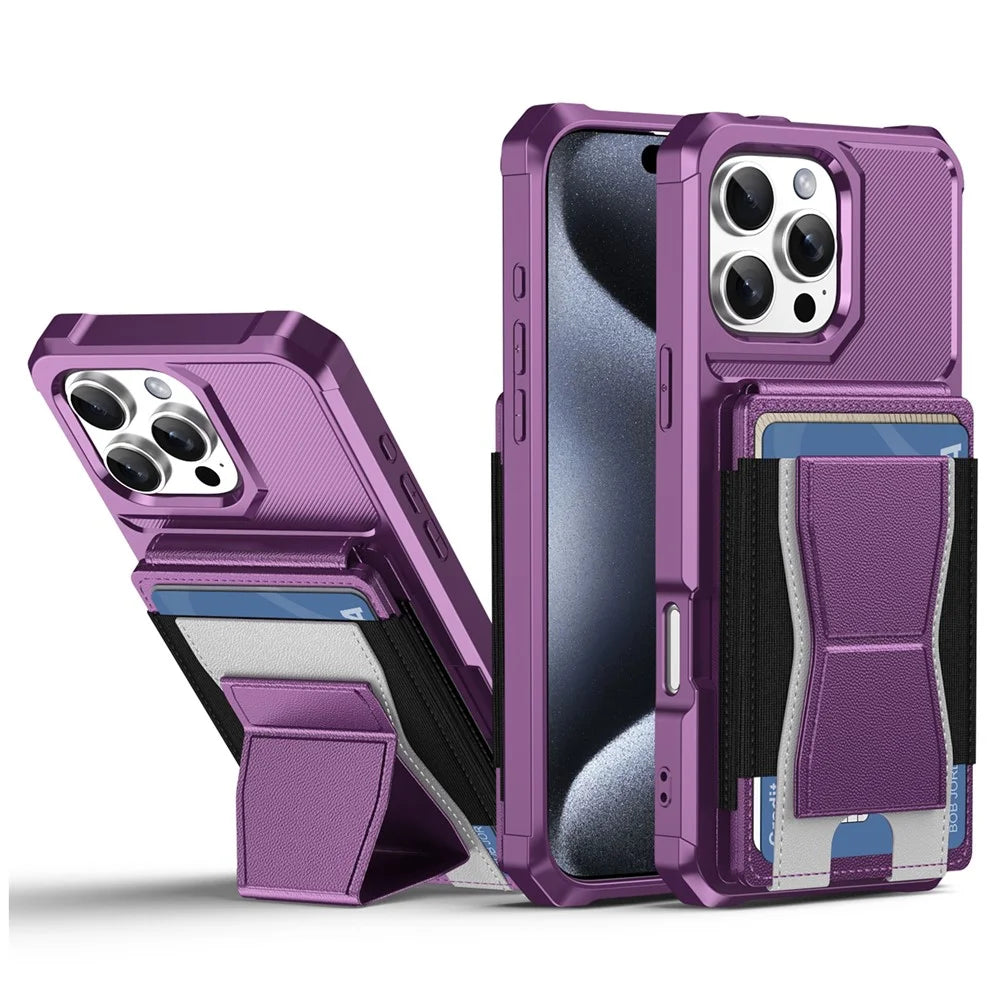 For iPhone 16 Pro Case Elastic Band Card Holder Leather + TPU Kickstand Phone Cover - Purple - 1