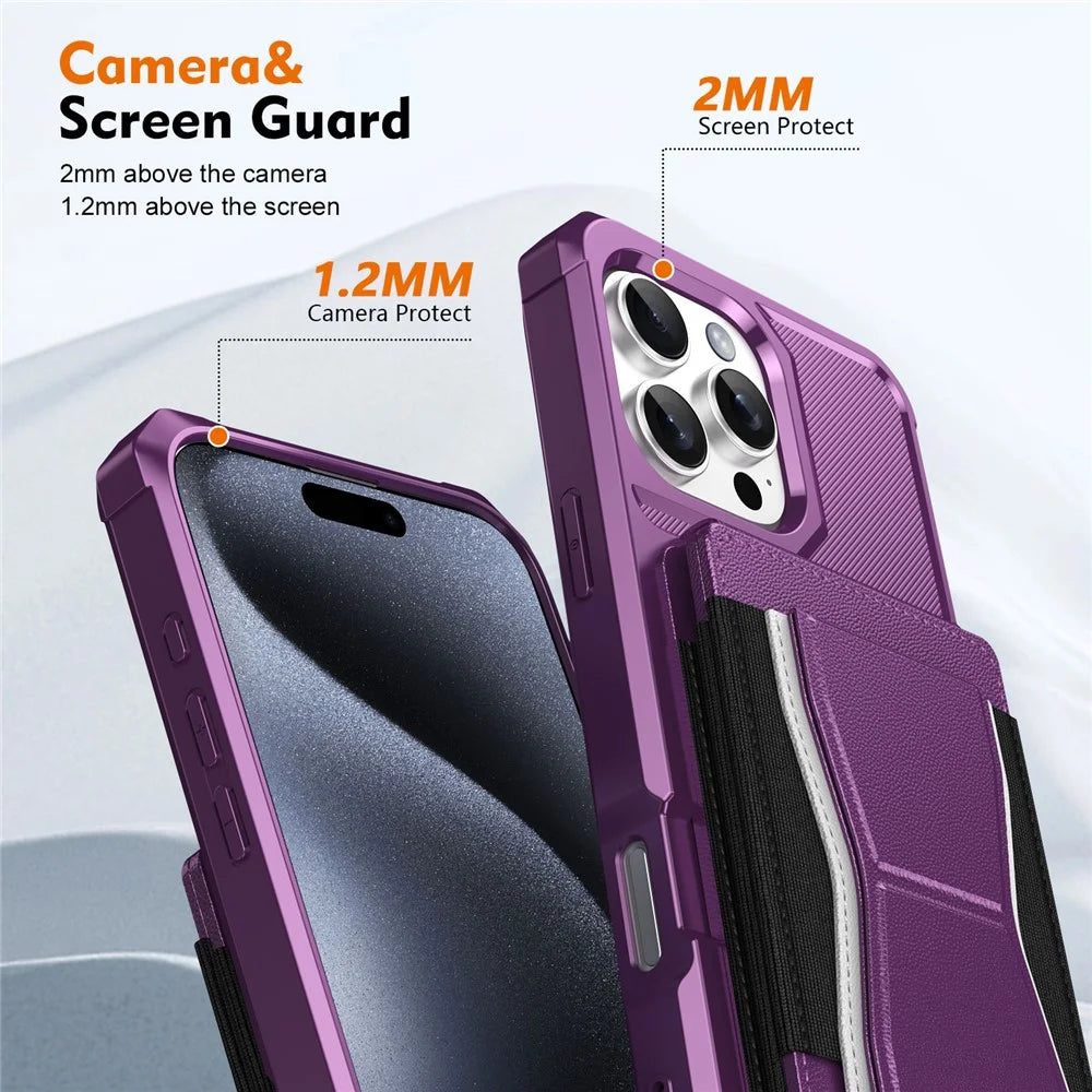 For iPhone 16 Pro Case Elastic Band Card Holder Leather + TPU Kickstand Phone Cover - Purple - 4