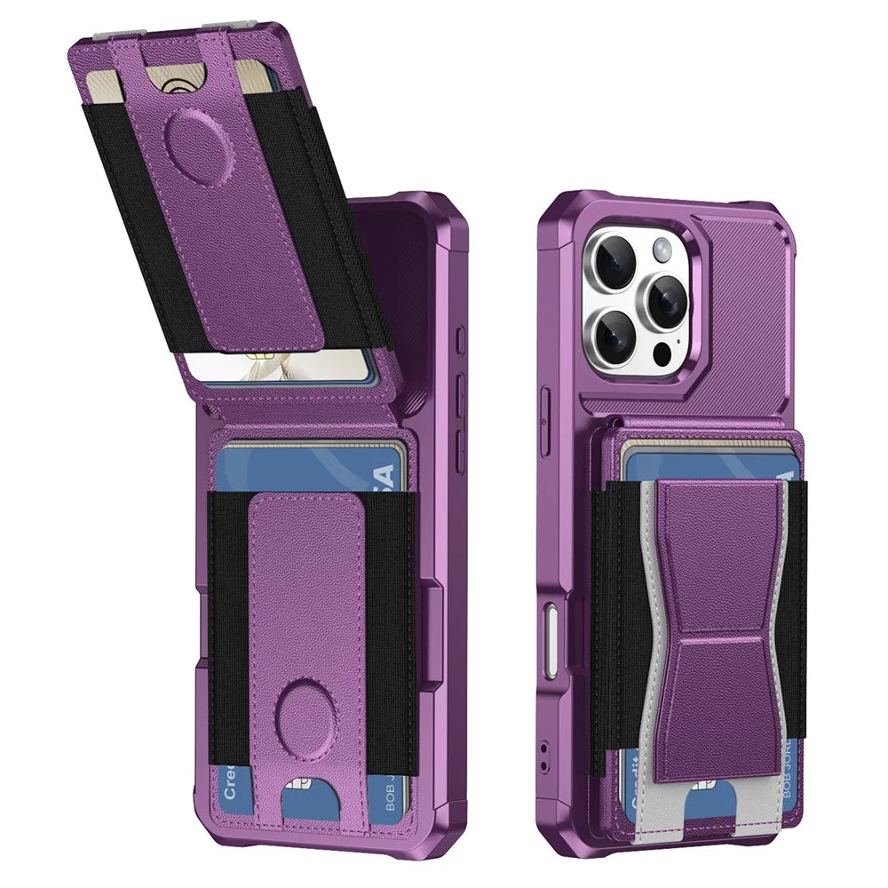 For iPhone 16 Pro Max Case Elastic Band Card Holder Leather + TPU Kickstand Phone Cover - Purple - 2