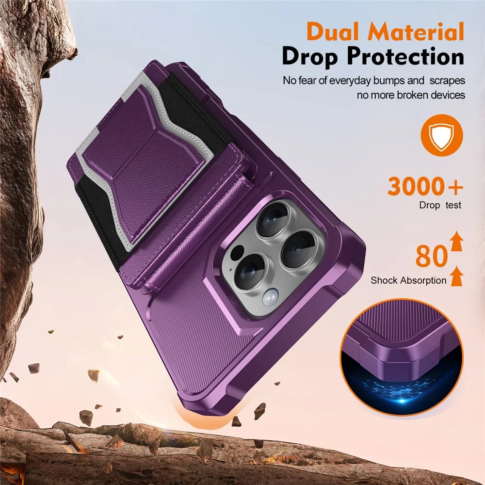 For iPhone 16 Pro Max Case Elastic Band Card Holder Leather + TPU Kickstand Phone Cover - Purple - 5