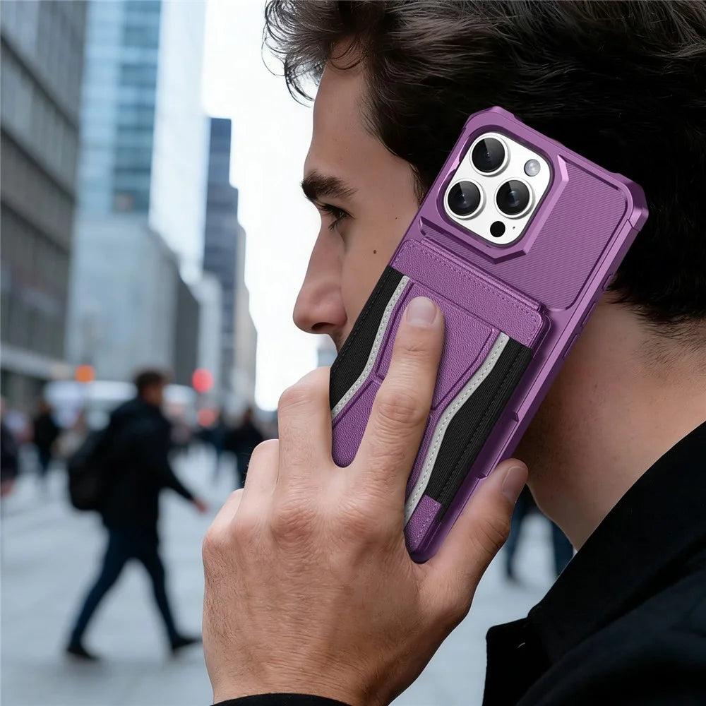 For iPhone 16 Pro Max Case Elastic Band Card Holder Leather + TPU Kickstand Phone Cover - Purple - 7