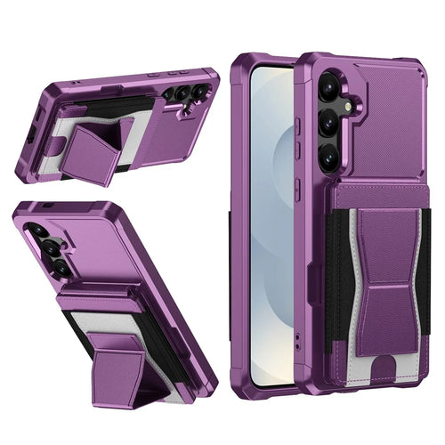 For Samsung Galaxy A35 5G Case Elastic Band Card Holder Leather + TPU Kickstand Phone Cover - Purple - 1