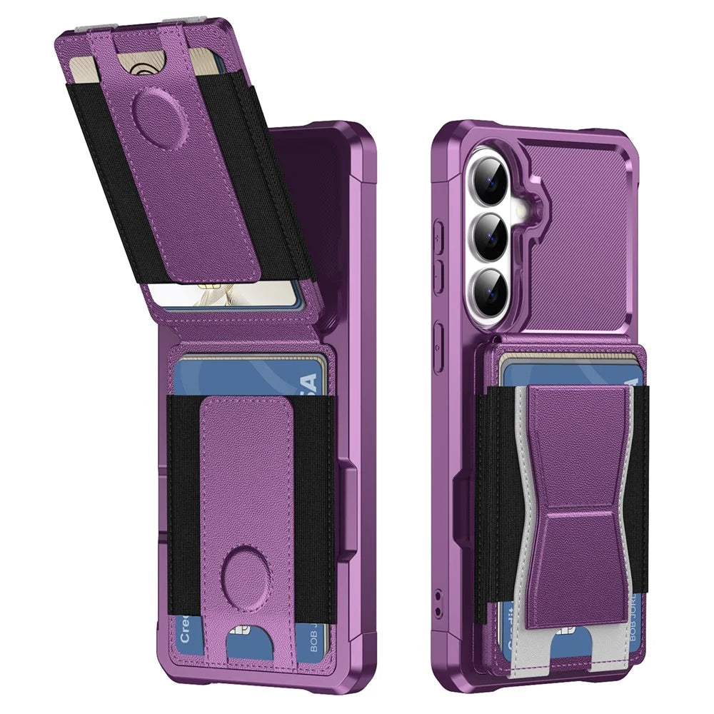 For Samsung Galaxy A37 5G Case Elastic Band Card Holder Leather + TPU Kickstand Phone Cover - Purple - 2