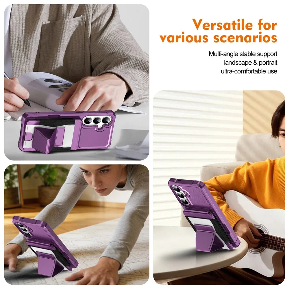 For Samsung Galaxy A37 5G Case Elastic Band Card Holder Leather + TPU Kickstand Phone Cover - Purple - 3