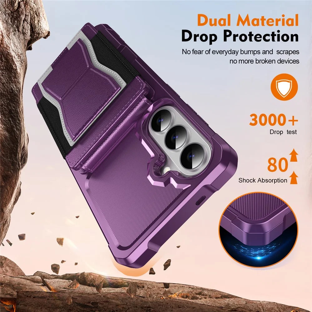 For Samsung Galaxy A37 5G Case Elastic Band Card Holder Leather + TPU Kickstand Phone Cover - Purple - 5