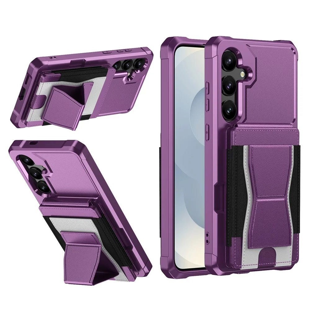 For Samsung Galaxy A55 5G Case Elastic Band Card Holder Leather + TPU Kickstand Phone Cover - Purple - 1