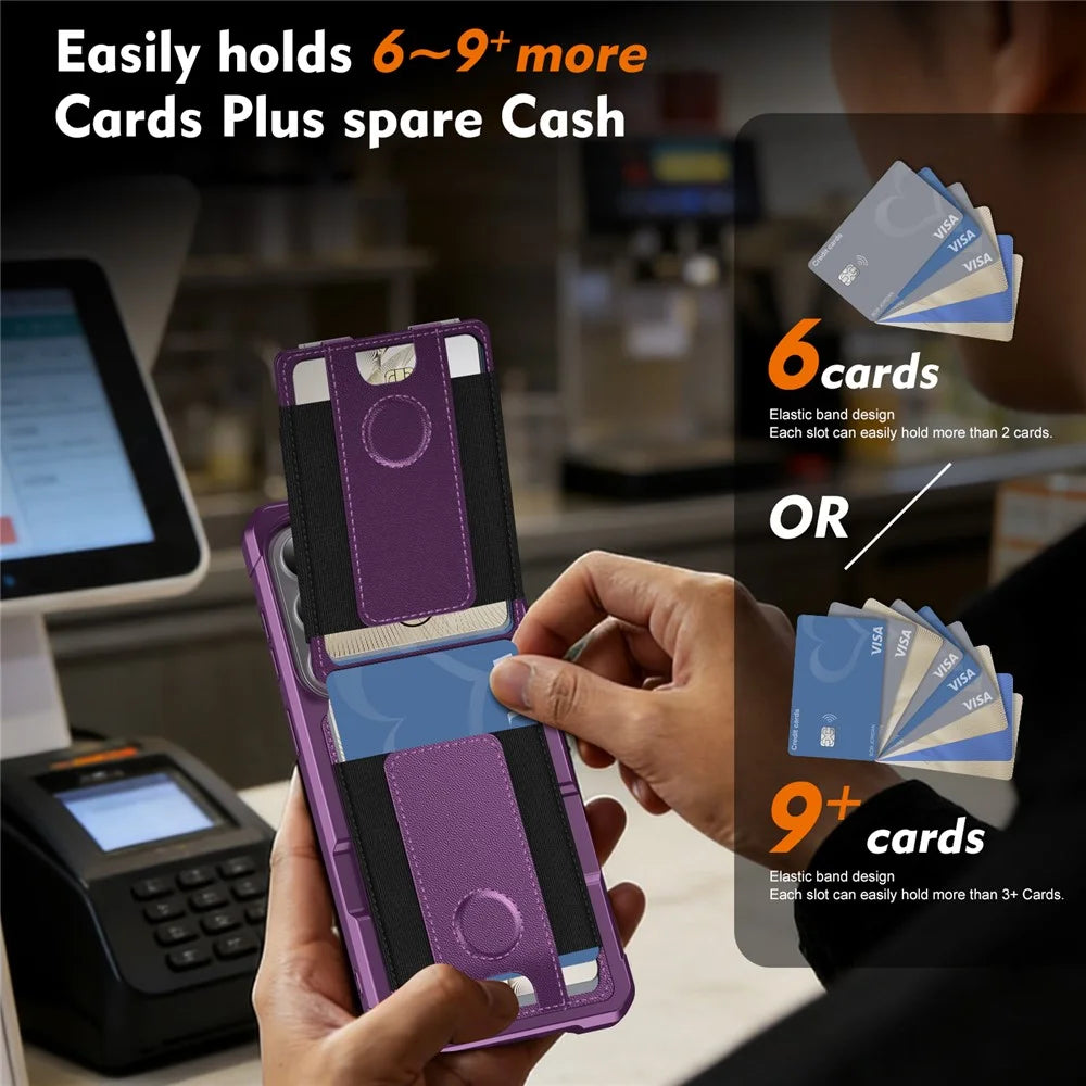 For Samsung Galaxy A55 5G Case Elastic Band Card Holder Leather + TPU Kickstand Phone Cover - Purple - 6