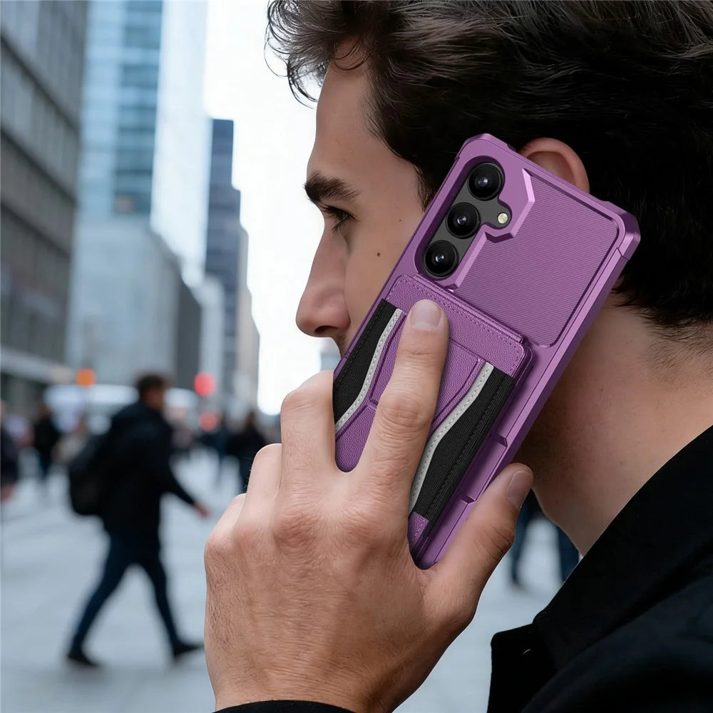 For Samsung Galaxy A55 5G Case Elastic Band Card Holder Leather + TPU Kickstand Phone Cover - Purple - 7