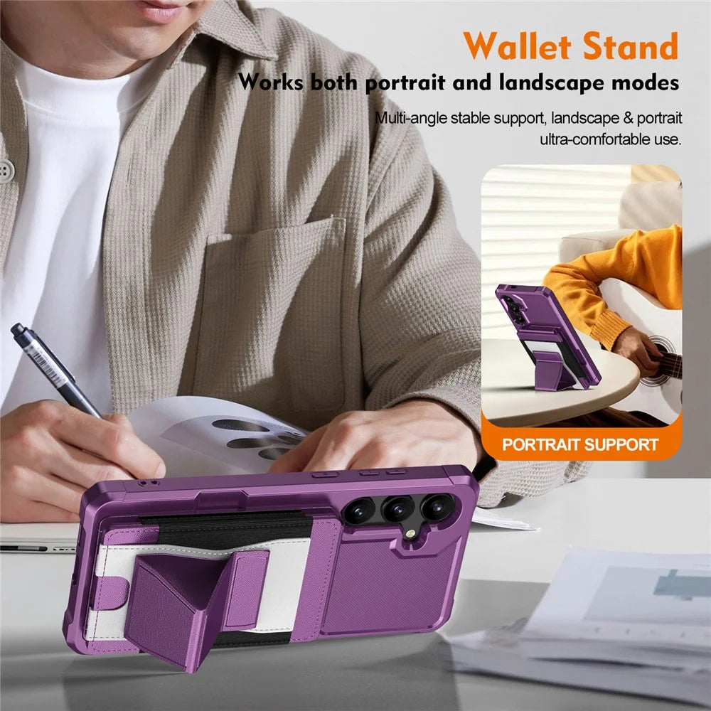 For Samsung Galaxy S25+ / S24+ Ultra Case Elastic Band Card Holder Leather + TPU Kickstand Phone Cover - Purple - 4