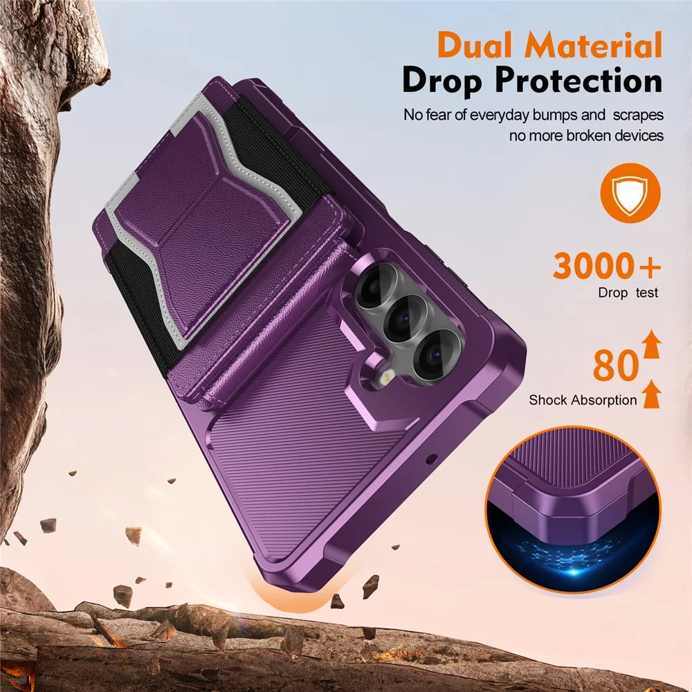 For Samsung Galaxy S25 FE Case Elastic Band Card Holder Leather + TPU Kickstand Phone Cover - Purple - 5