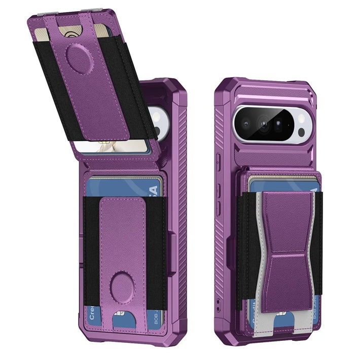 For Google Pixel 9 Pro XL Case Elastic Band Card Holder Leather + TPU Kickstand Phone Cover - Purple - 2