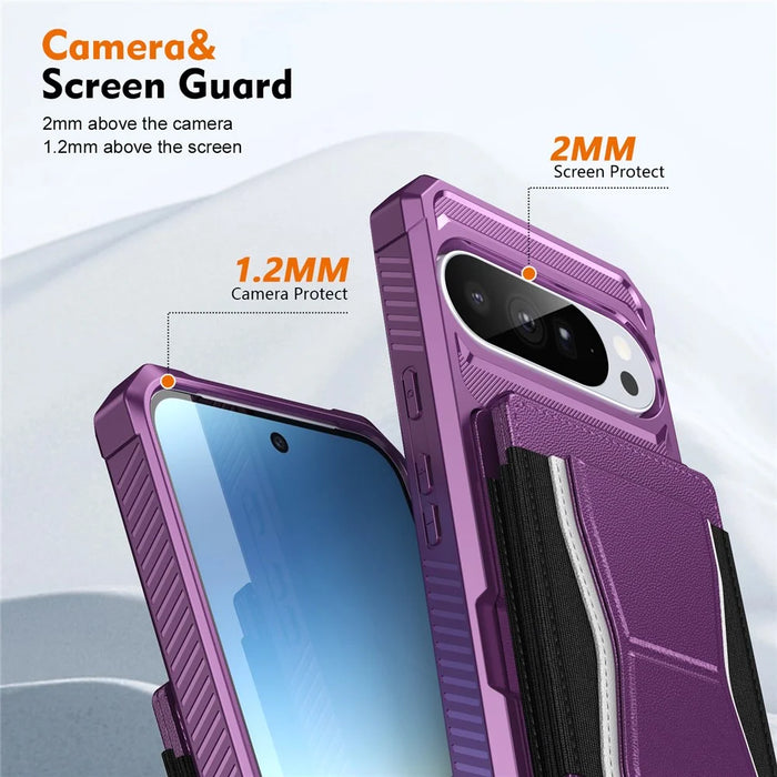 For Google Pixel 9 Pro XL Case Elastic Band Card Holder Leather + TPU Kickstand Phone Cover - Purple - 4