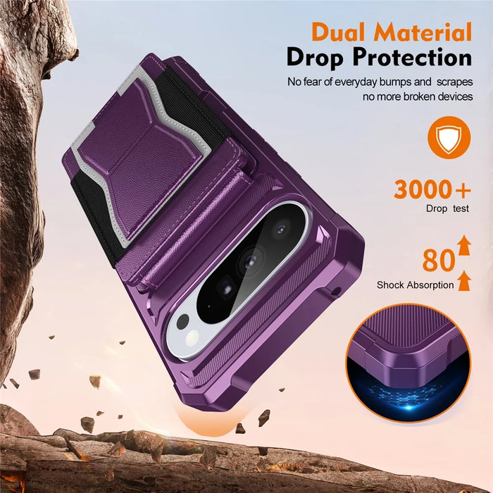 For Google Pixel 9 Pro XL Case Elastic Band Card Holder Leather + TPU Kickstand Phone Cover - Purple - 5