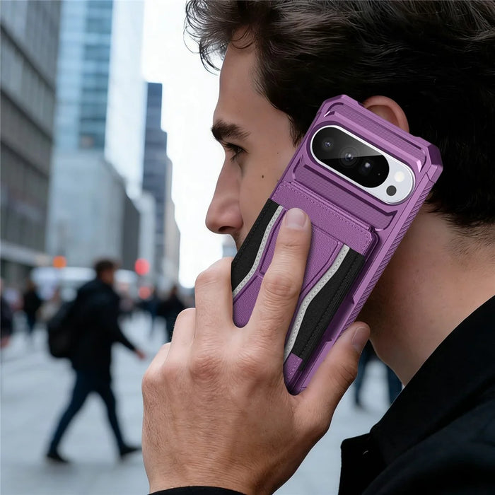 For Google Pixel 9 Pro XL Case Elastic Band Card Holder Leather + TPU Kickstand Phone Cover - Purple - 7