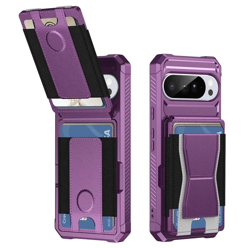 For Google Pixel 9  /  9 Pro Case Elastic Band Card Holder Leather + TPU Kickstand Phone Cover - Purple - 2