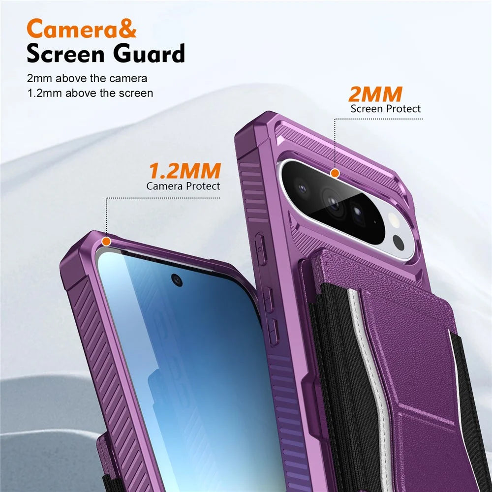 For Google Pixel 9  /  9 Pro Case Elastic Band Card Holder Leather + TPU Kickstand Phone Cover - Purple - 4