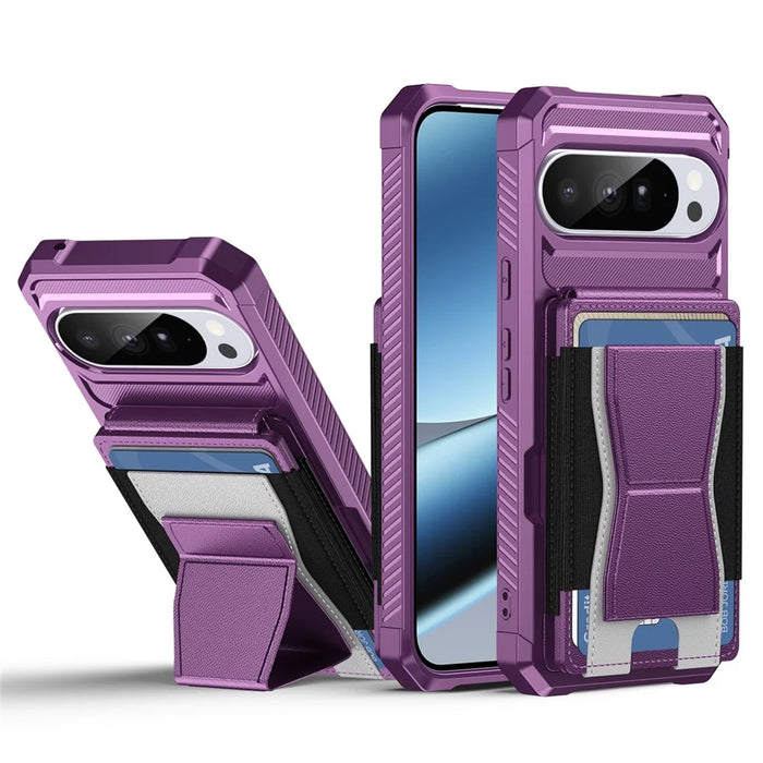 For Google Pixel 10  /  10 Pro Case Elastic Band Card Holder Leather + TPU Kickstand Phone Cover - Purple - 1