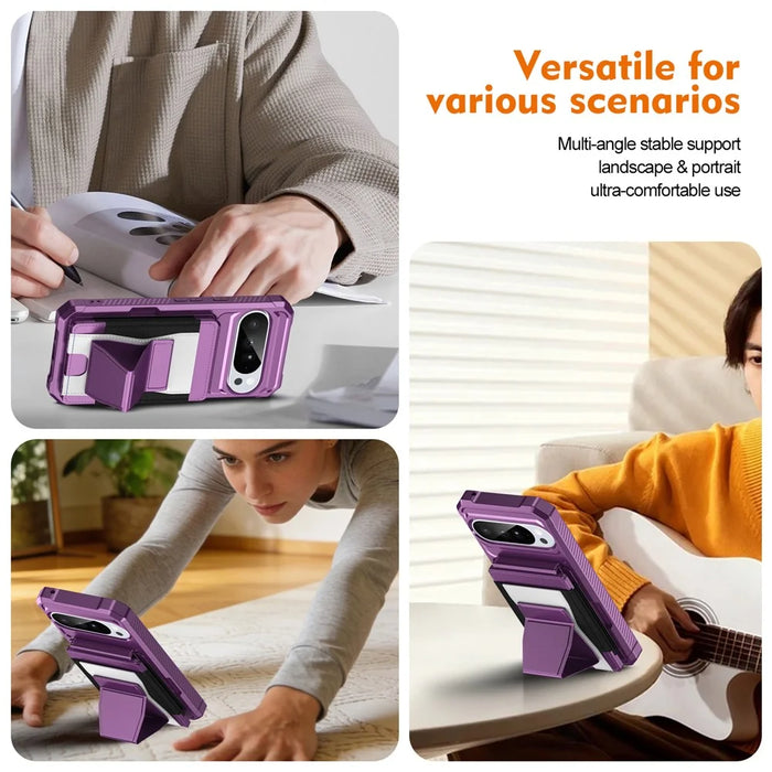 For Google Pixel 10  /  10 Pro Case Elastic Band Card Holder Leather + TPU Kickstand Phone Cover - Purple - 3