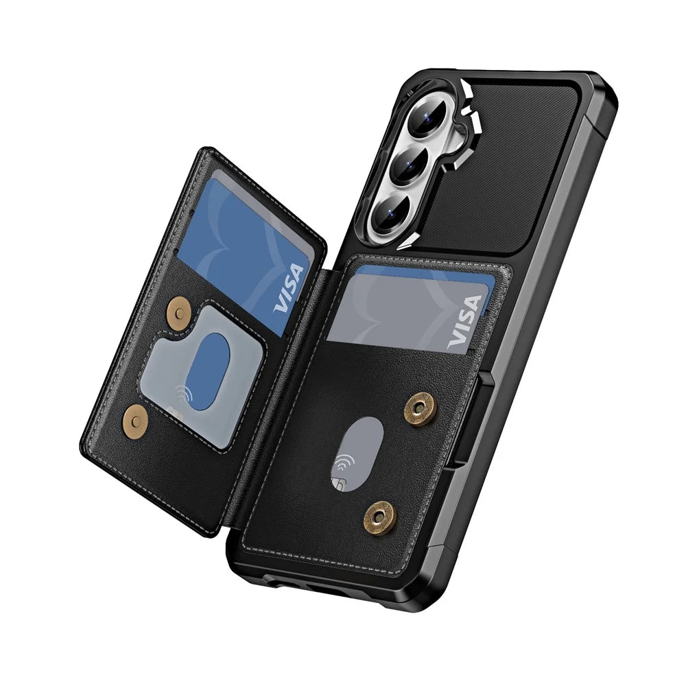 For Samsung Galaxy A57 5G Case Card Slot Kickstand Leather + TPU Reinforced Corner Phone Cover - Black - 3