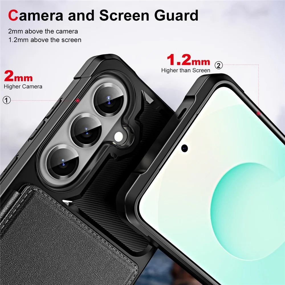 For Samsung Galaxy A57 5G Case Card Slot Kickstand Leather + TPU Reinforced Corner Phone Cover - Black - 5