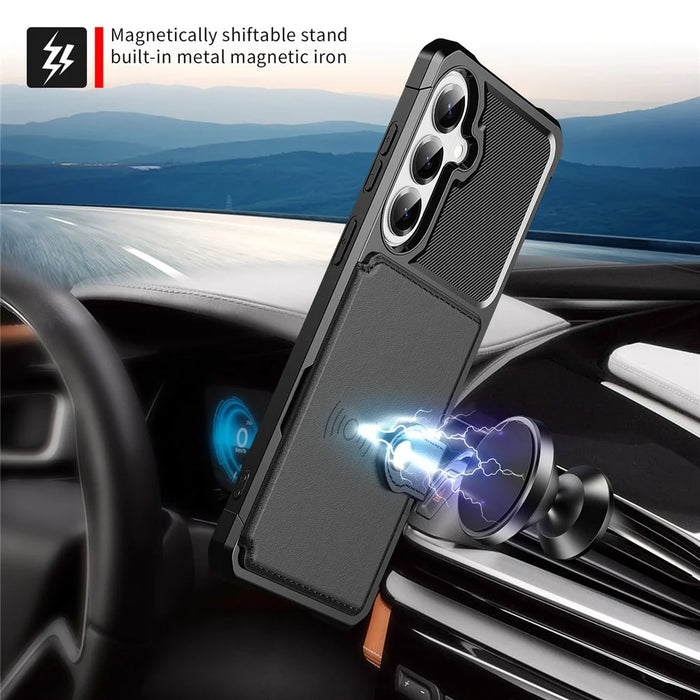 For Samsung Galaxy A37 5G Case with Card Holder PU Leather + TPU Phone Back Cover - Black - 6