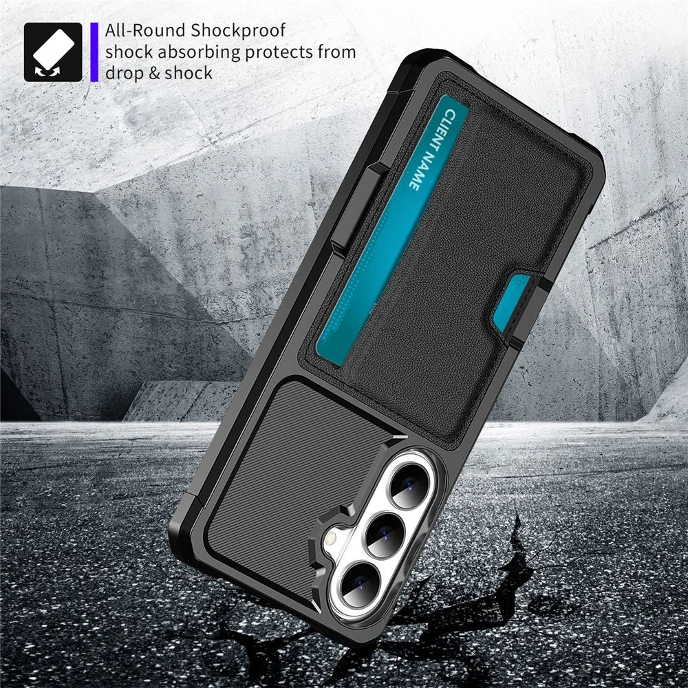 For Samsung Galaxy A57 5G Case Card Slot Leather + TPU Defender Phone Cover - Black - 4