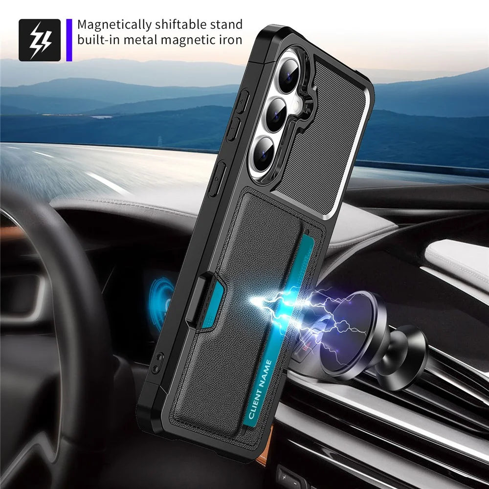 For Samsung Galaxy S26+ Case Card Slot Leather + TPU Defender Phone Cover - Black - 6