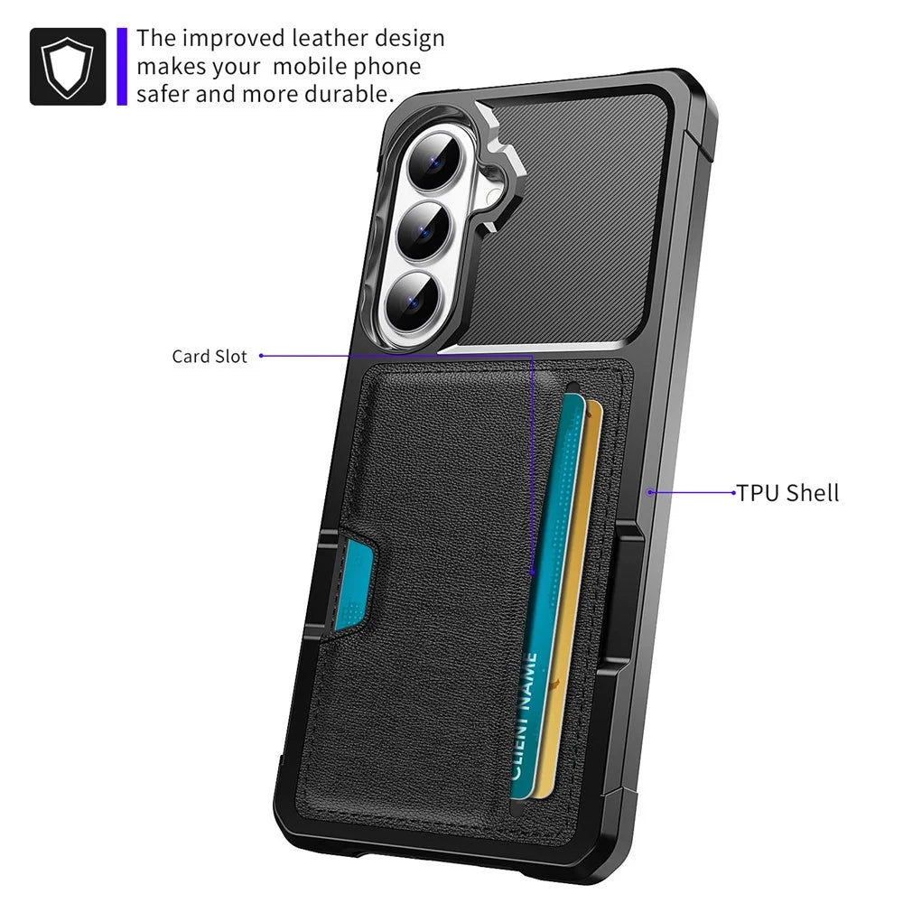For Samsung Galaxy S26 Case Card Slot Leather + TPU Defender Phone Cover - Black - 3