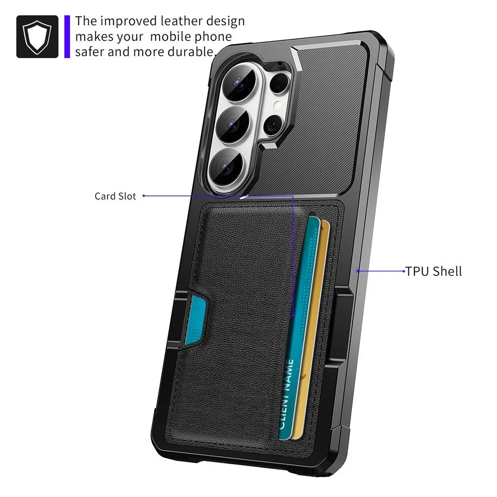 For Samsung Galaxy S26 Ultra Case Card Slot Leather + TPU Defender Phone Cover - Black - 3