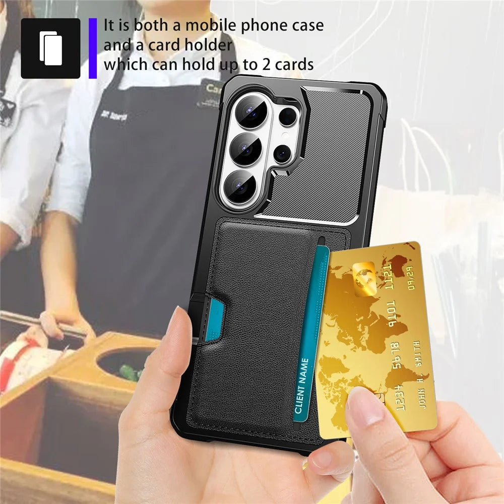 For Samsung Galaxy S26 Ultra Case Card Slot Leather + TPU Defender Phone Cover - Black - 6
