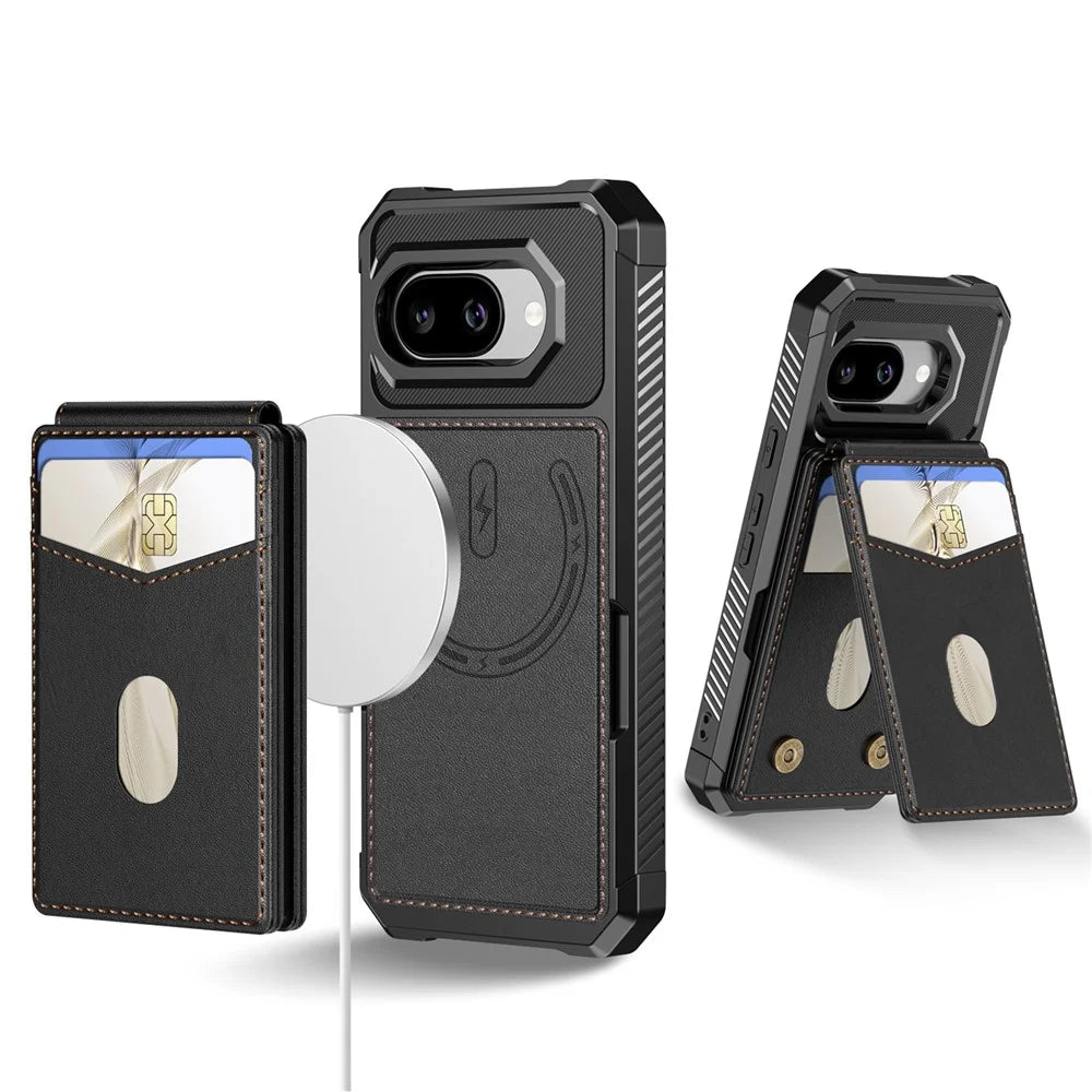 For Google Pixel 10a Magnetic Case Detachable Card Slot Kickstand Leather + TPU Phone Cover - Black - 1