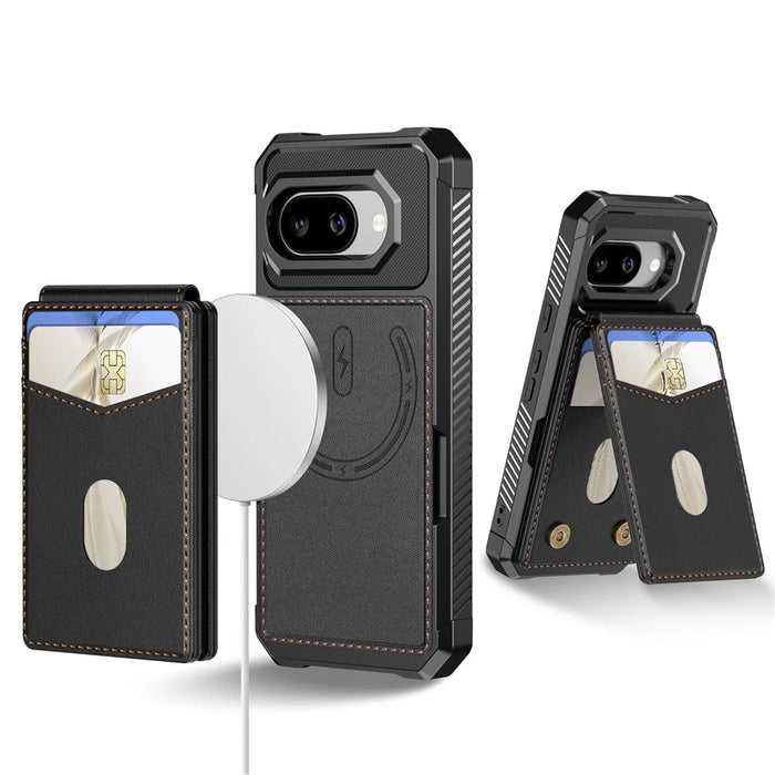 For Google Pixel 10a Magnetic Case Detachable Card Slot Kickstand Leather + TPU Phone Cover - Black - 1