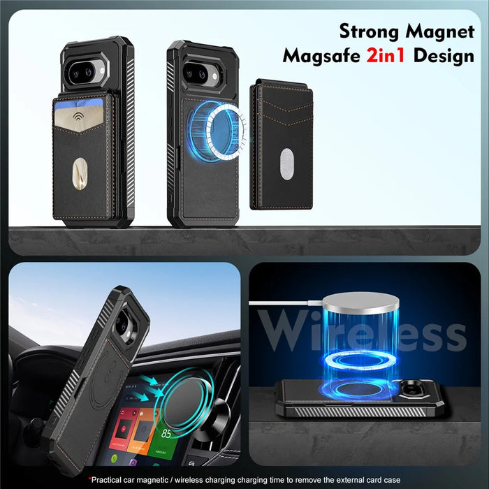 For Google Pixel 10a Magnetic Case Detachable Card Slot Kickstand Leather + TPU Phone Cover - Black - 5