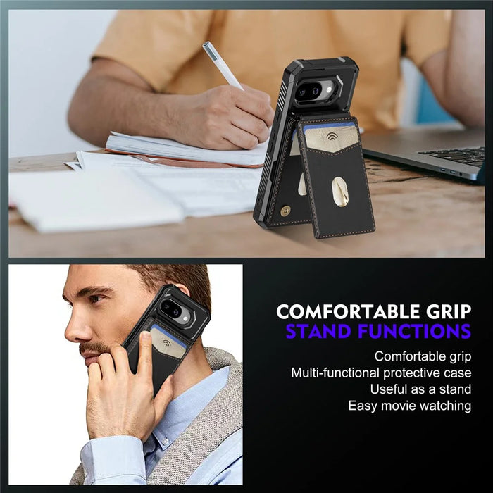 For Google Pixel 10a Magnetic Case Detachable Card Slot Kickstand Leather + TPU Phone Cover - Black - 6