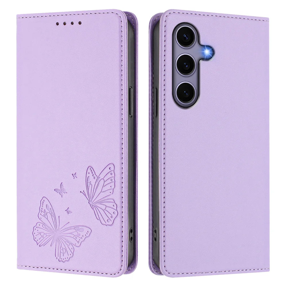 For Samsung Galaxy S24 / Galaxy S25 Wallet Case RFID Blocking Butterfly Imprinted Magnetic Flip Leather Cover - Light Purple - 1