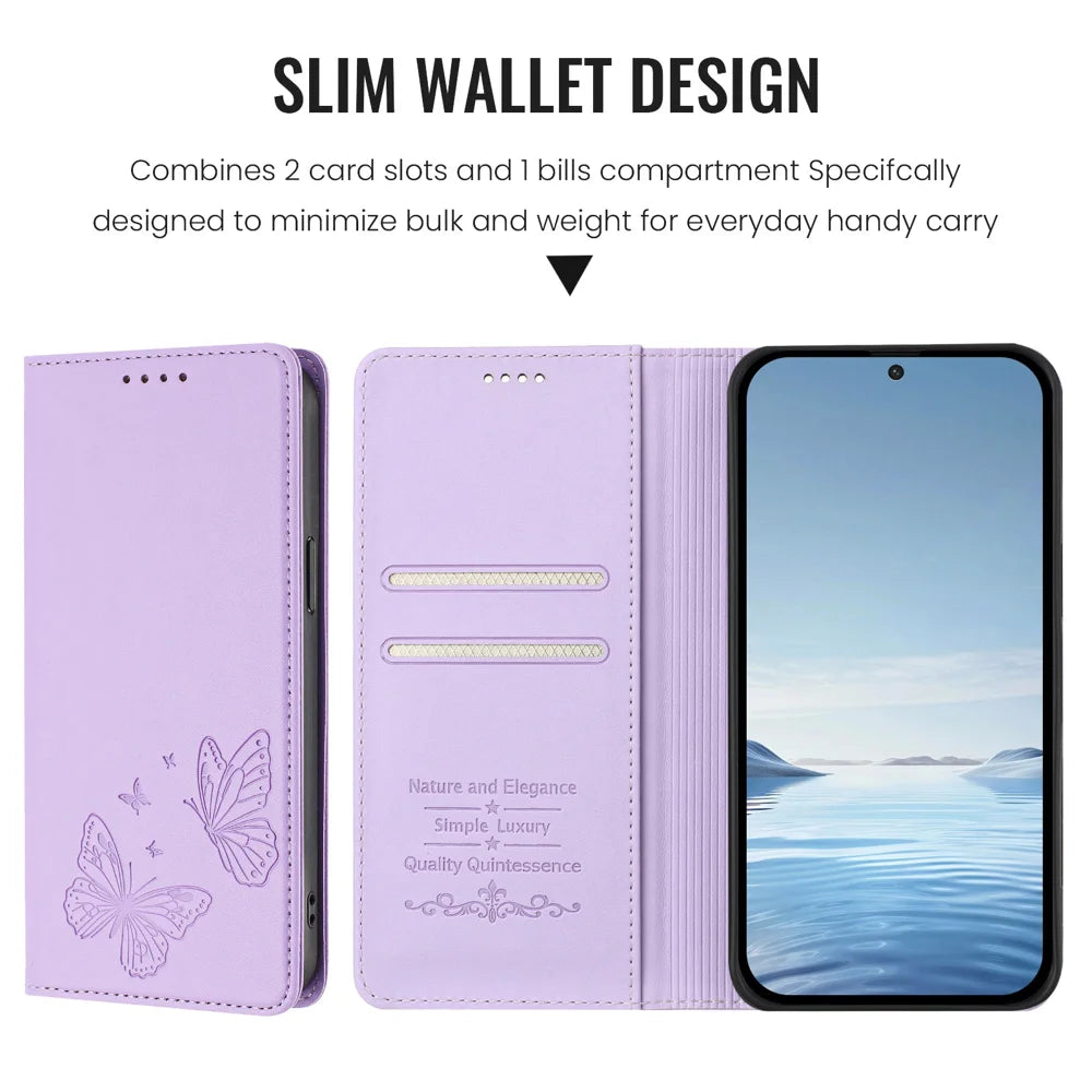 For Samsung Galaxy S24+ / Galaxy S25+ Wallet Case RFID Blocking Butterfly Imprinted Magnetic Flip Leather Cover - Light Purple - 7