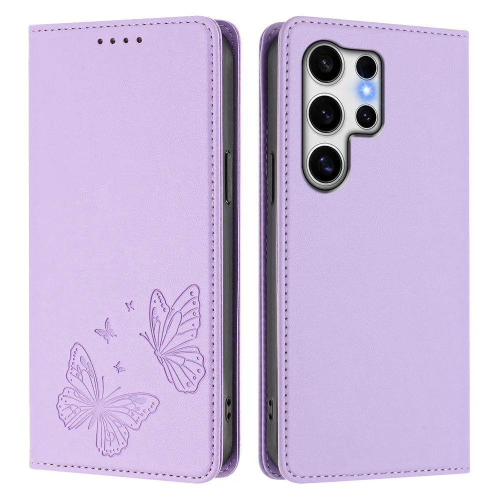 For Samsung Galaxy S25 Ultra Wallet Case RFID Blocking Butterfly Imprinted Magnetic Flip Leather Cover - Light Purple - 1