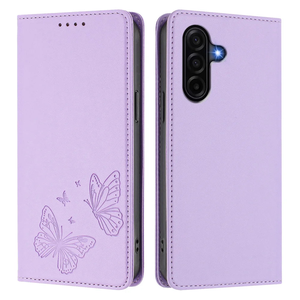 For Samsung Galaxy A57 5G Wallet Case RFID Blocking Butterfly Imprinted Magnetic Flip Leather Cover - Light Purple - 1