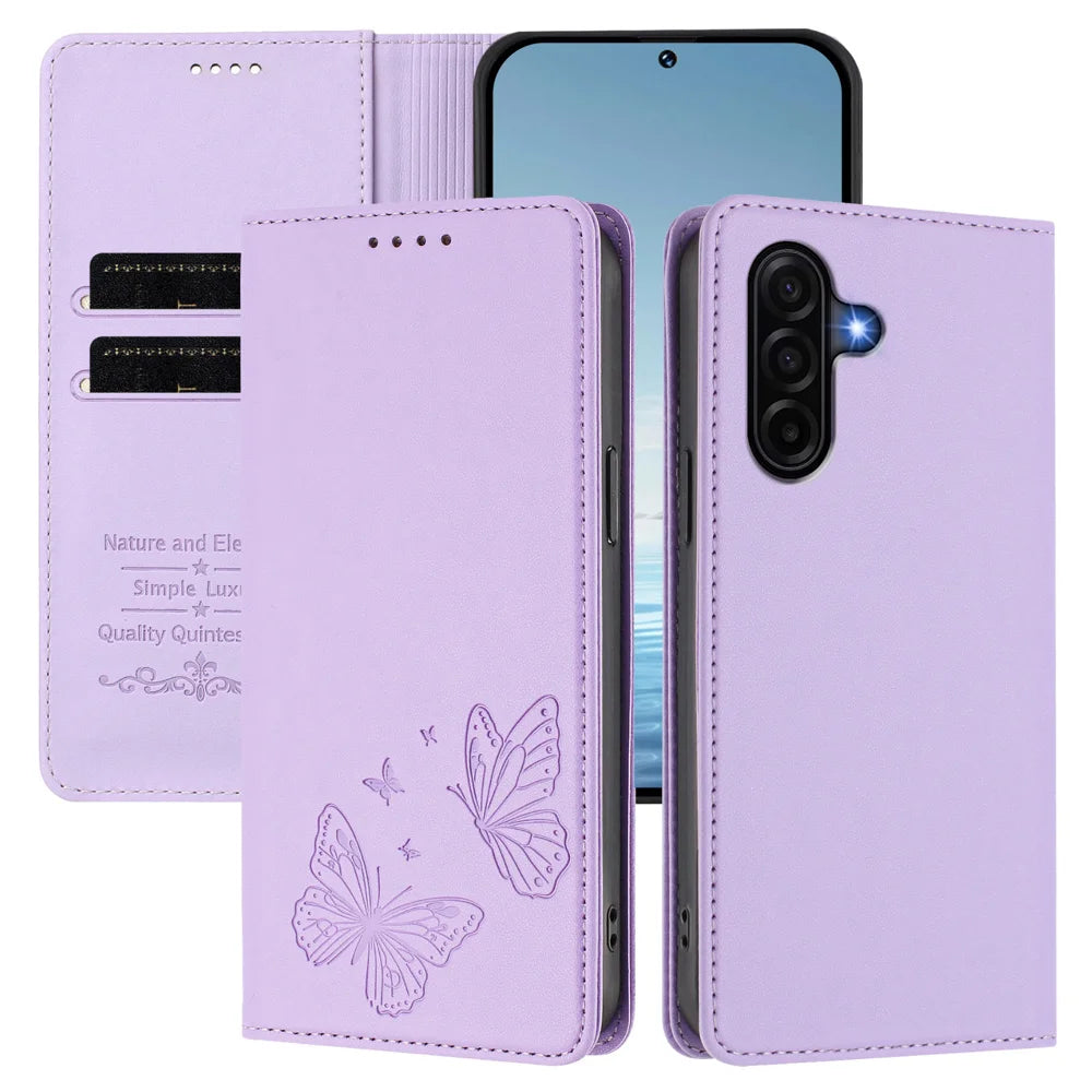 For Samsung Galaxy A57 5G Wallet Case RFID Blocking Butterfly Imprinted Magnetic Flip Leather Cover - Light Purple - 2