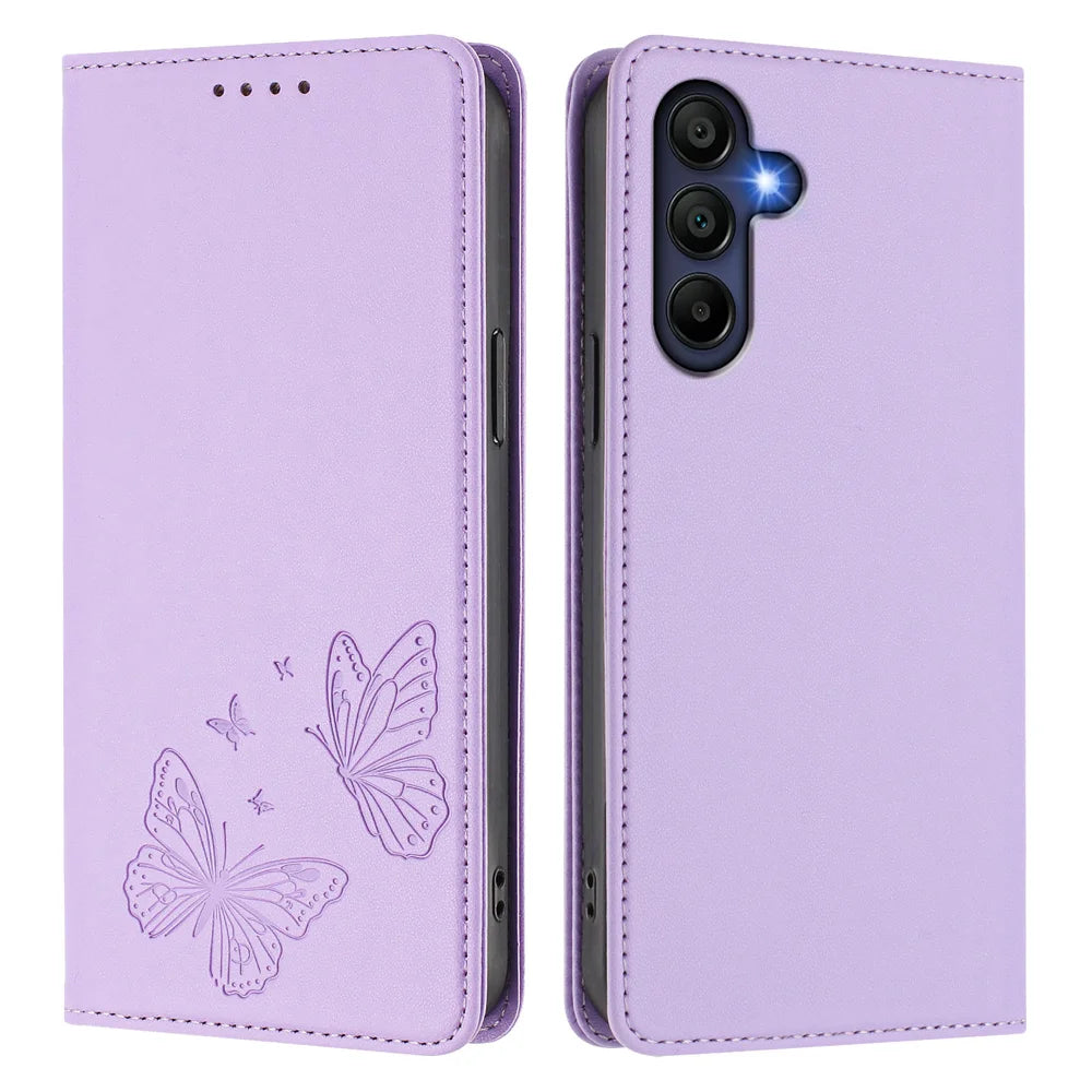 For Samsung Galaxy A16 4G / Galaxy A16 5G Wallet Case RFID Blocking Butterfly Imprinted Magnetic Flip Leather Cover - Light Purple - 1