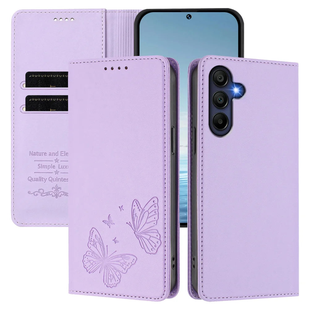 For Samsung Galaxy A16 4G / Galaxy A16 5G Wallet Case RFID Blocking Butterfly Imprinted Magnetic Flip Leather Cover - Light Purple - 2